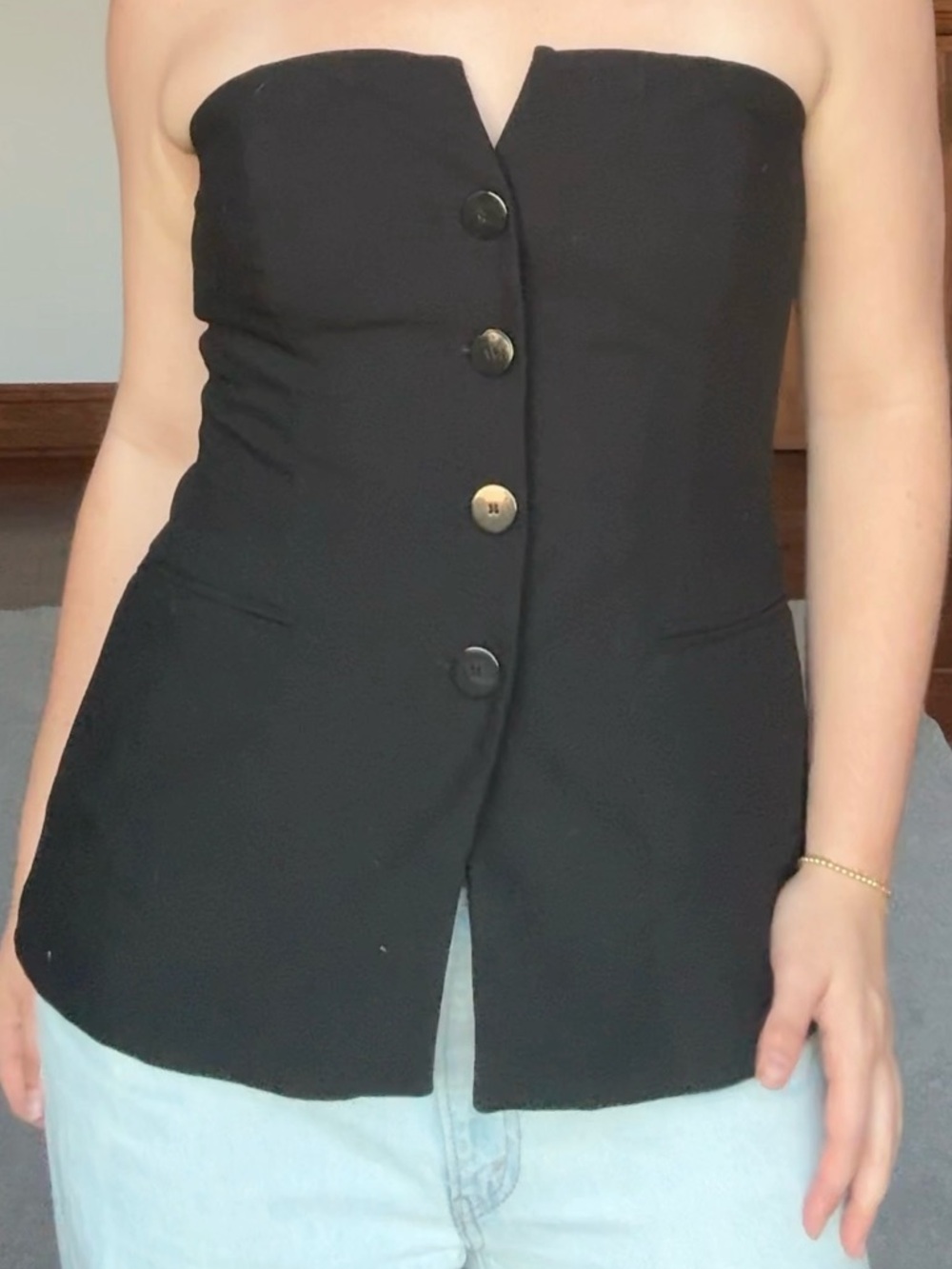 Zara Black Strapless Bustier Corset Style Front Button Top Size Large